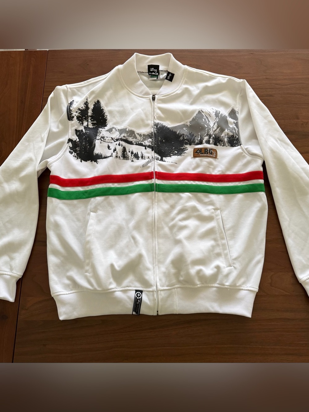 LRG White Zip Neck Jacket with Black Mountain Graphic